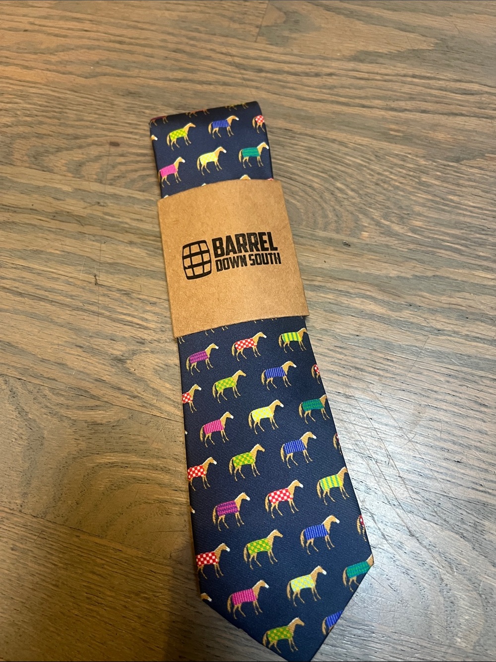 Barrel Down South Navy Tie with Multicolor Horse Motif